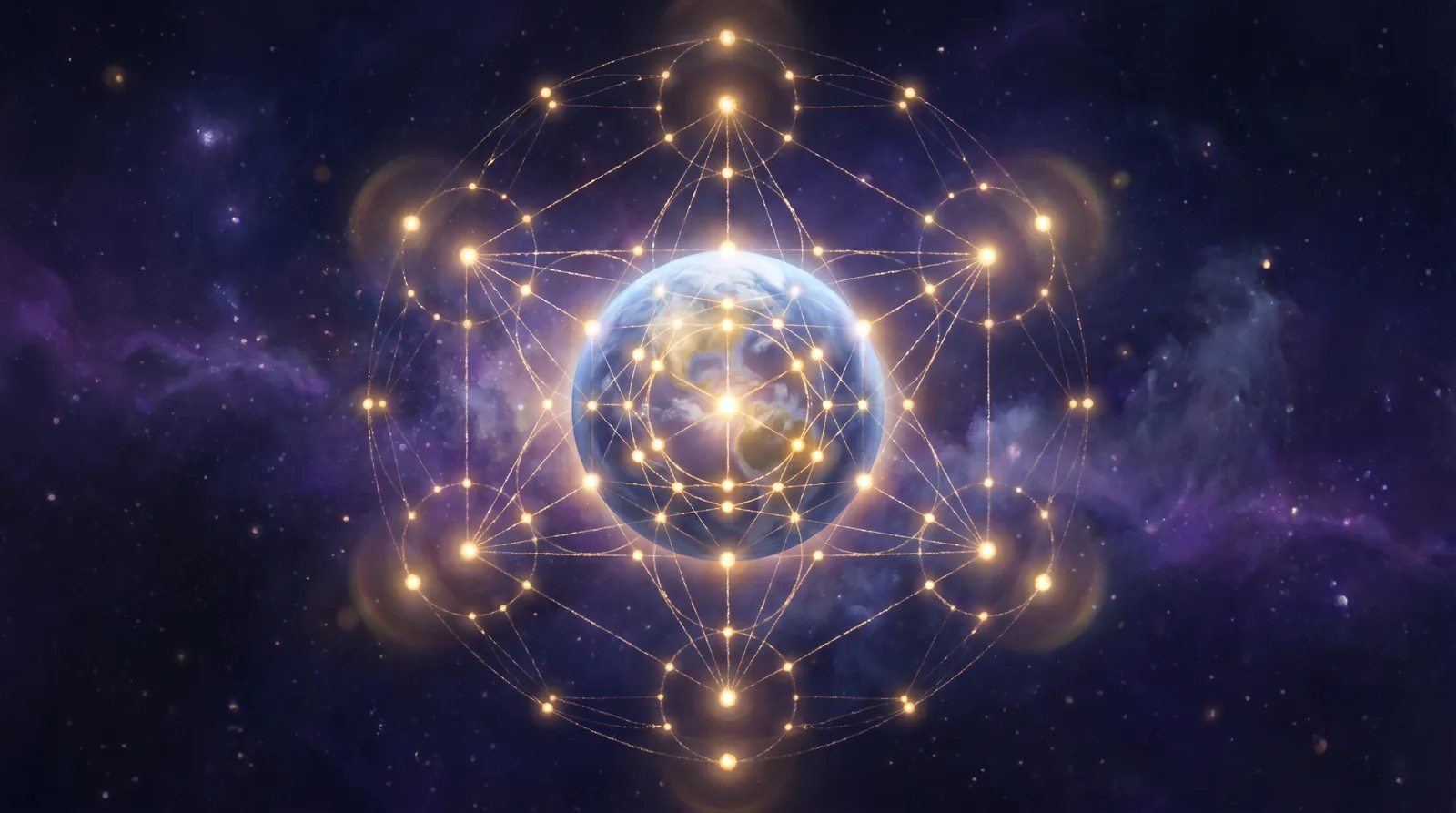 The Light Grid: points of golden light around the Earth, woven together by sacred geometry
