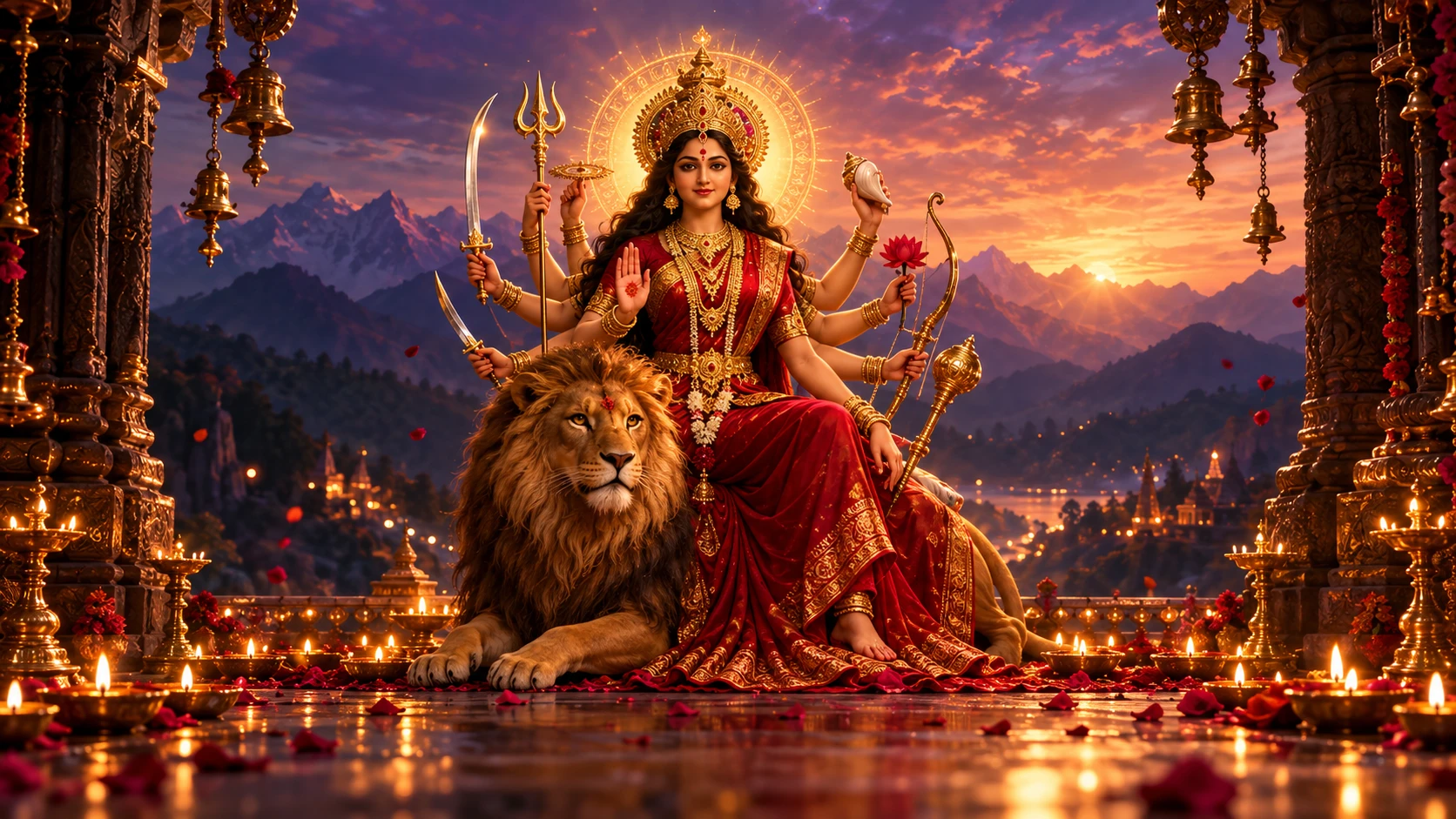 Devi seated on her lion at a mountain temple, golden light and diyas around her