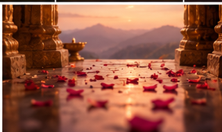 Rose petals at a temple threshold, mountains beyond